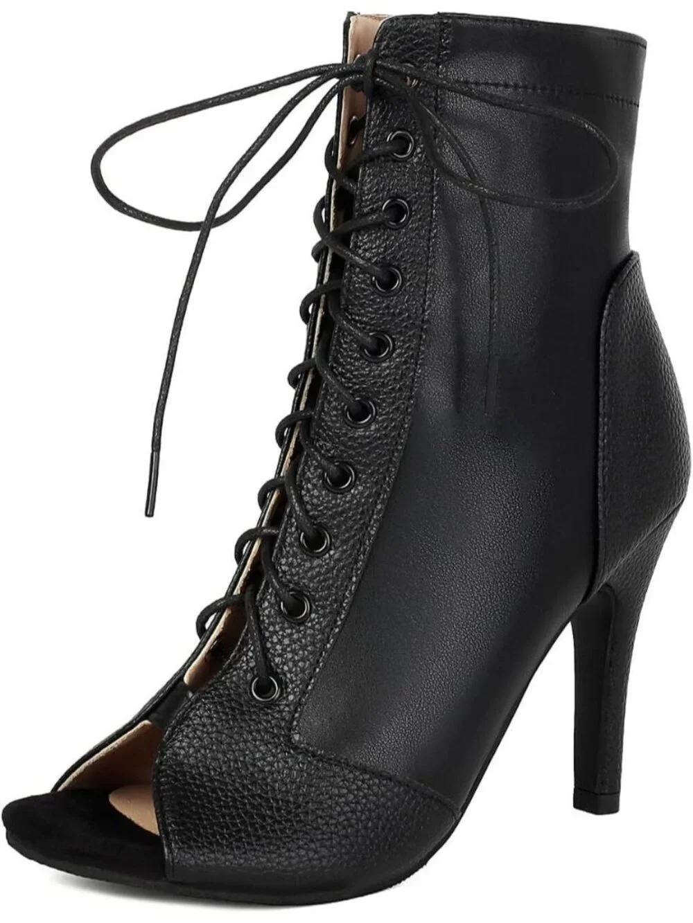 Women's Black Buckle Lace Up Mesh Sandal Peep Toe High Heel Ankle Boot